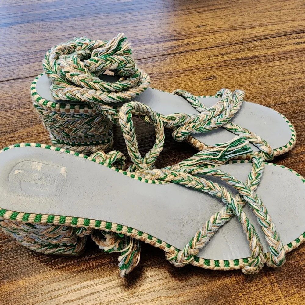 Anthropologie AMAMBAIH Isabel Braided Heel Sandals Green 37 6.5 - Picture 5 of 7